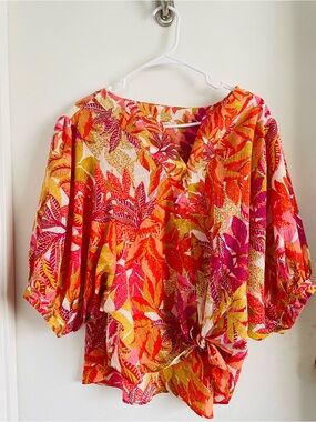 Vibrant Tropical Print Tie-Front Women's Top - Pink & Orange
